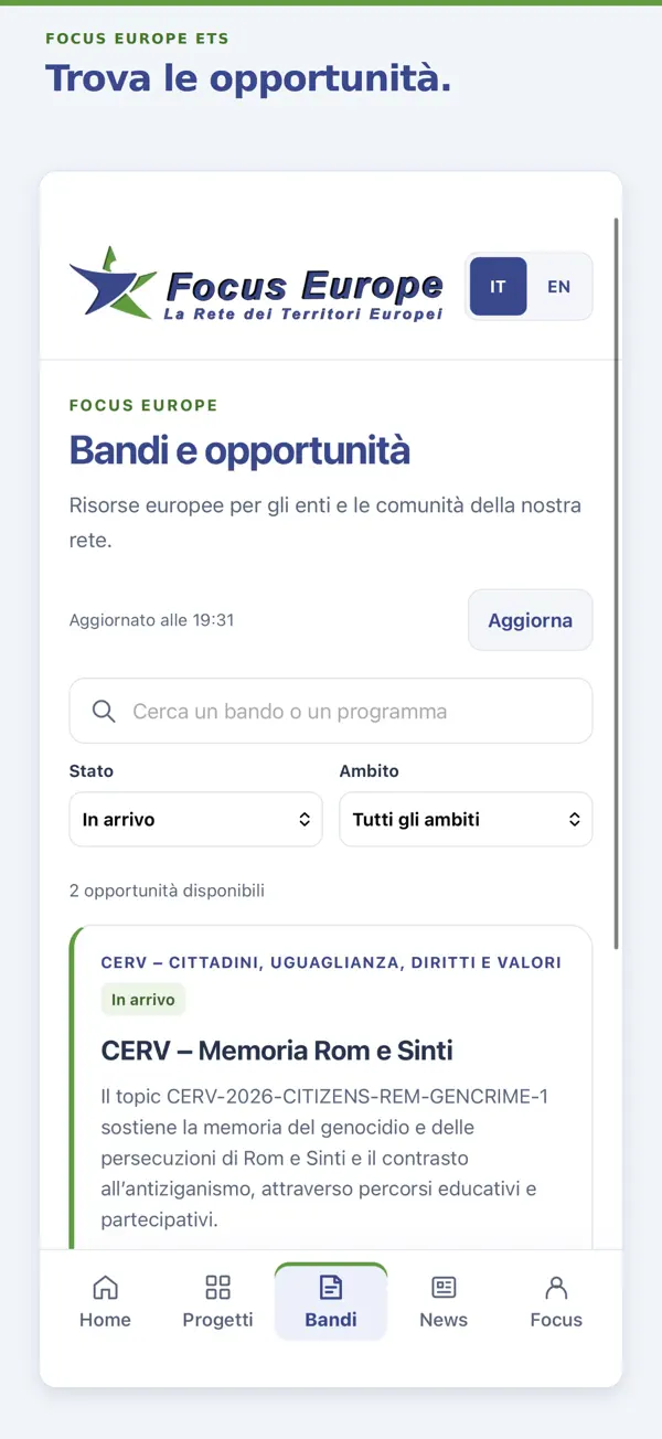 Schermata reale dell’app: bandi e opportunità