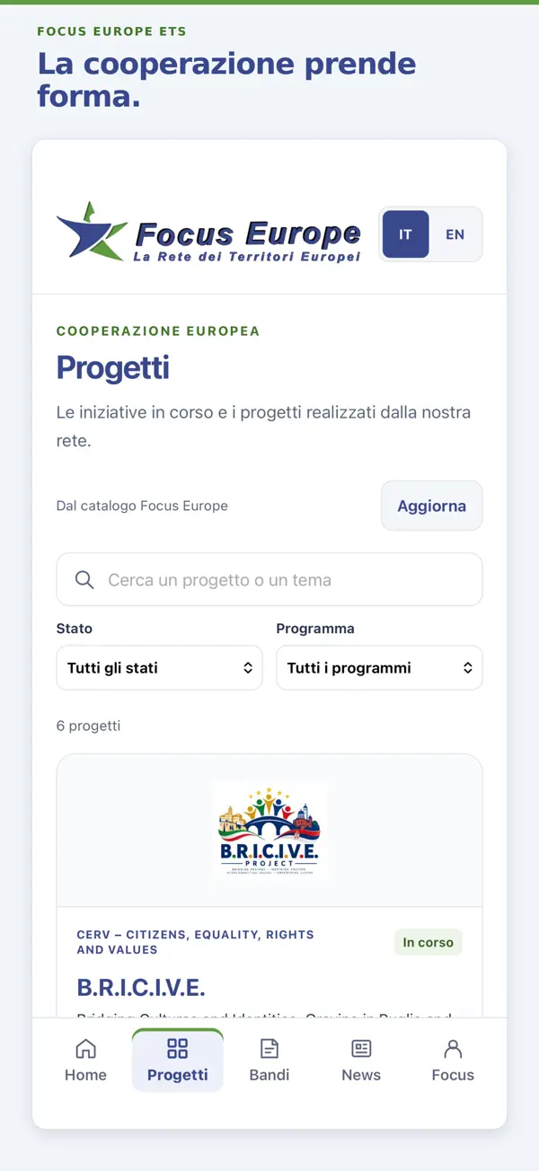Schermata reale dell’app: archivio progetti